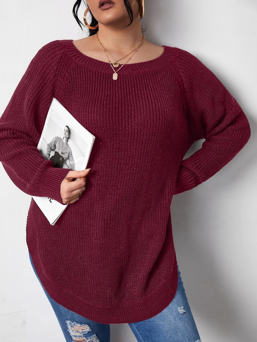 Raglan Sleeve Curved Hem Sweater