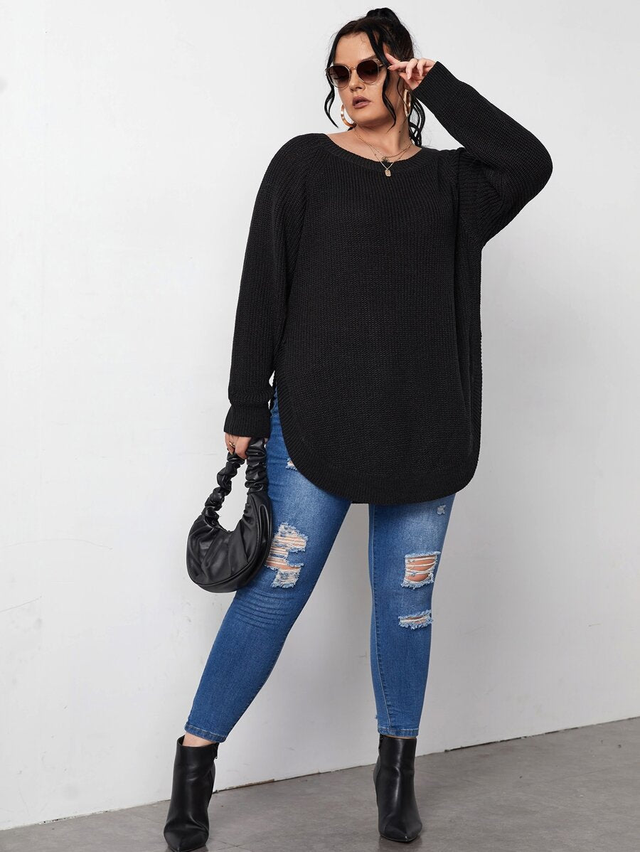 Raglan Sleeve Curved Hem Sweater