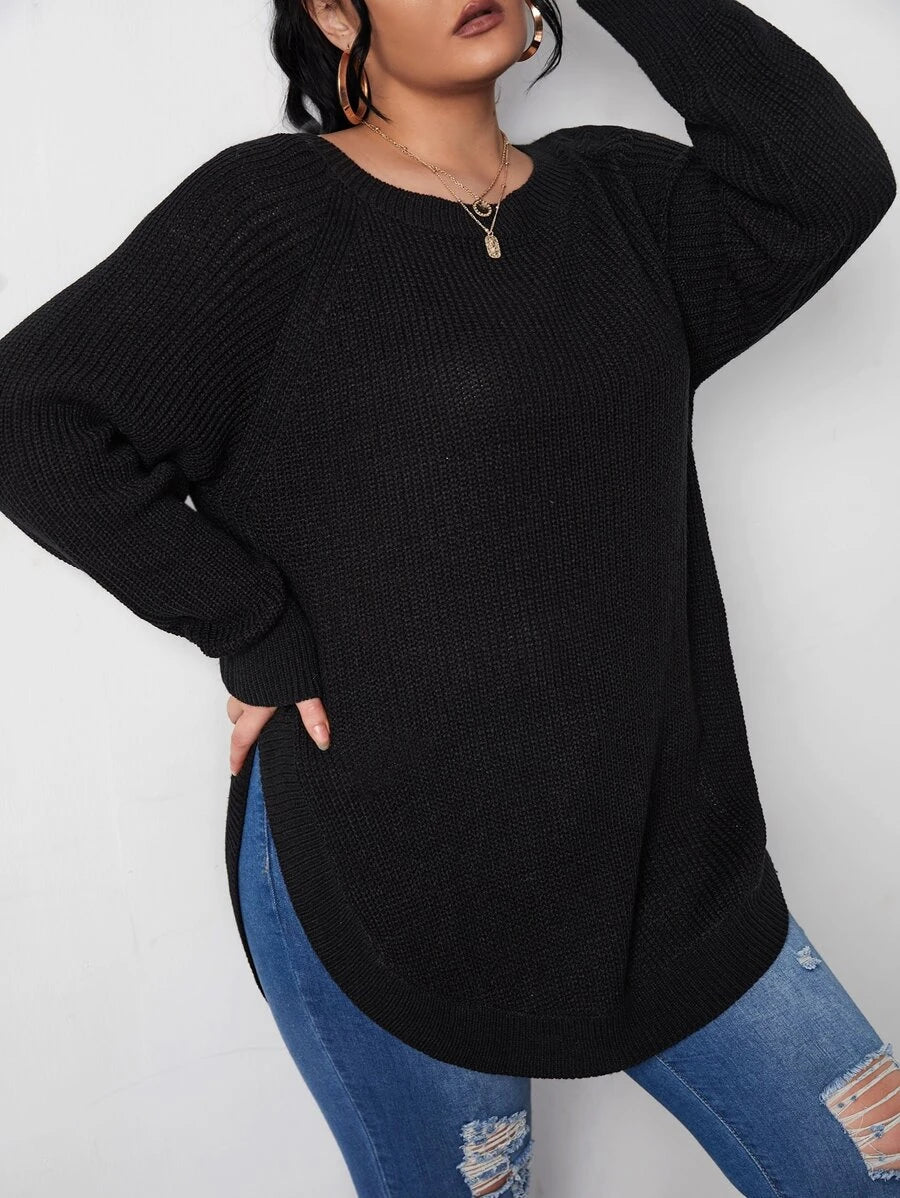 Raglan Sleeve Curved Hem Sweater