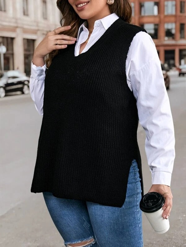 Ribbed Knit Split Hem Sweater Vest