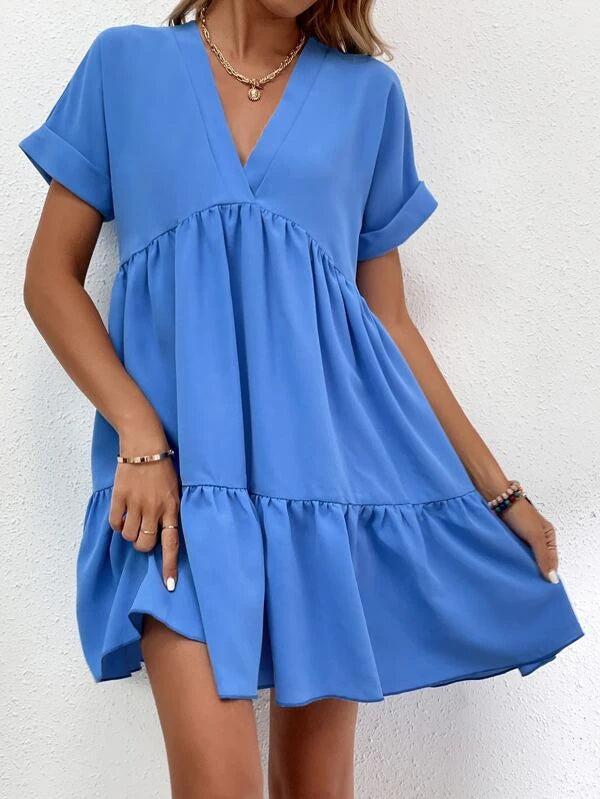 Barbie Roll Cuff Ruffle Hem Solid Dress