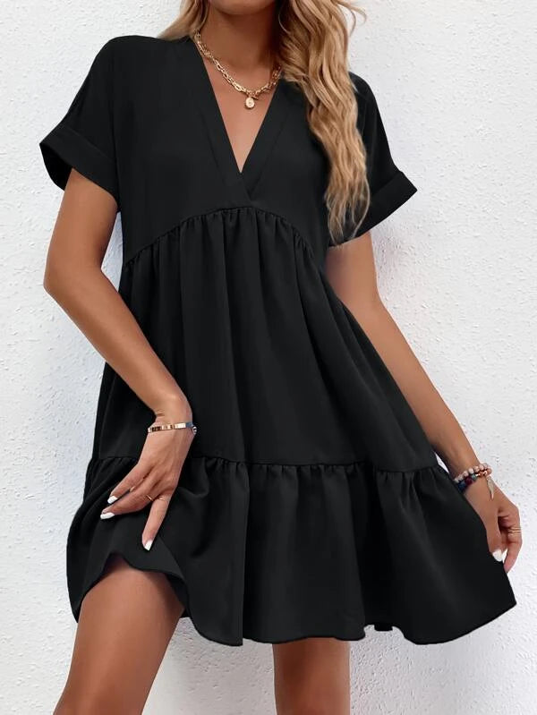 Barbie Roll Cuff Ruffle Hem Solid Dress