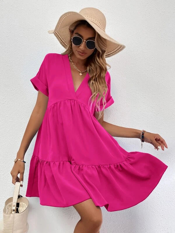 Barbie Roll Cuff Ruffle Hem Solid Dress