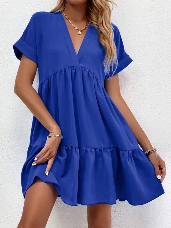 Barbie Roll Cuff Ruffle Hem Solid Dress