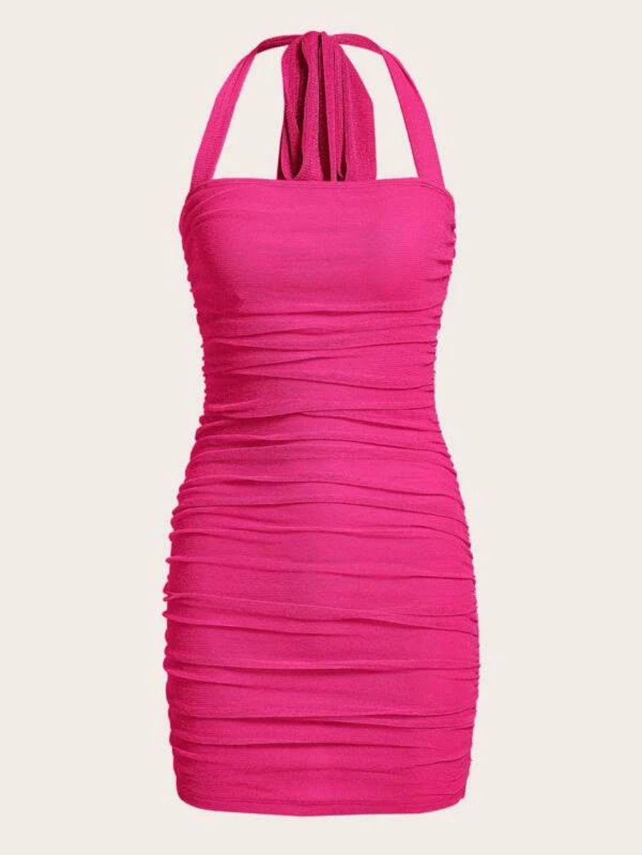 Barbie Ruched Backless Halter Bodycon Dress