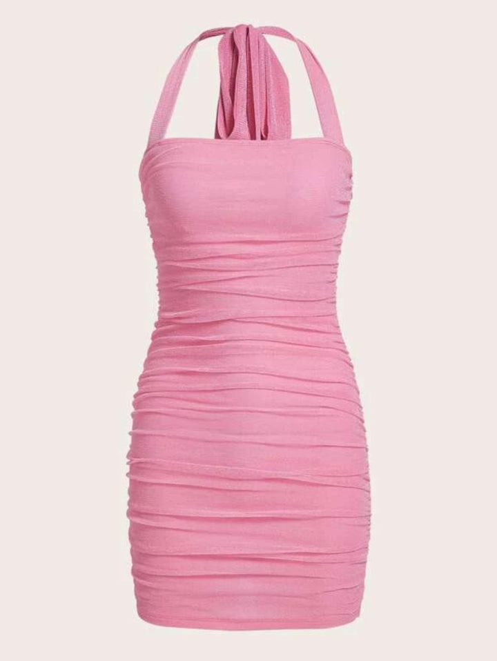 Barbie Ruched Backless Halter Bodycon Dress