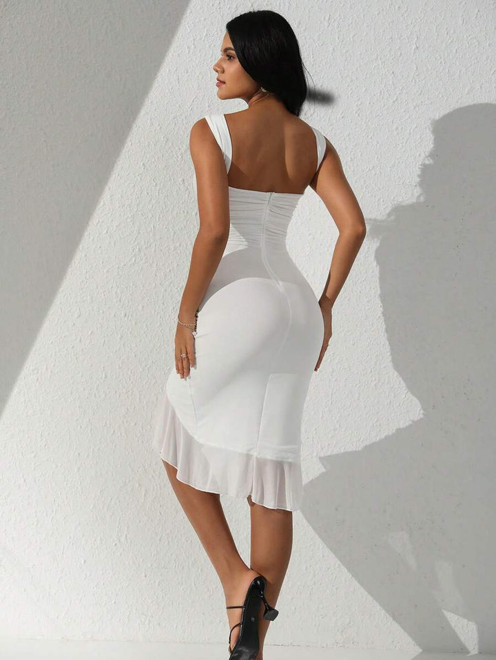 Barbie Ruched Ruffle Asymmetrical Hem Mesh Dress