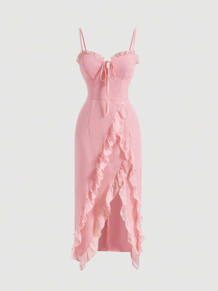 Barbie Ruffle Trim Asymmetrical Hem Cami Dress