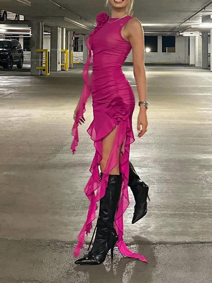 Barbie Stylish Ruffle Trim Asymmetrical Hem Dress