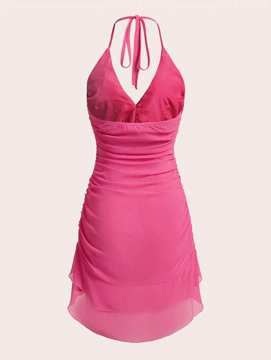 Barbie Ruffle Trim Ruched Hem Tie Halter Dress