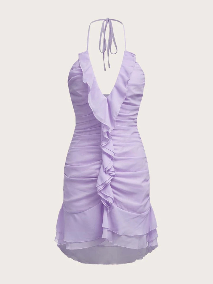 Neckholder-Kleid mit Rüschenbesatz, gerafftem Saum und Bindeband 
