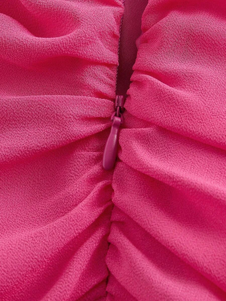 Barbie Ruffle Trim Ruched Hem Tie Halter Dress
