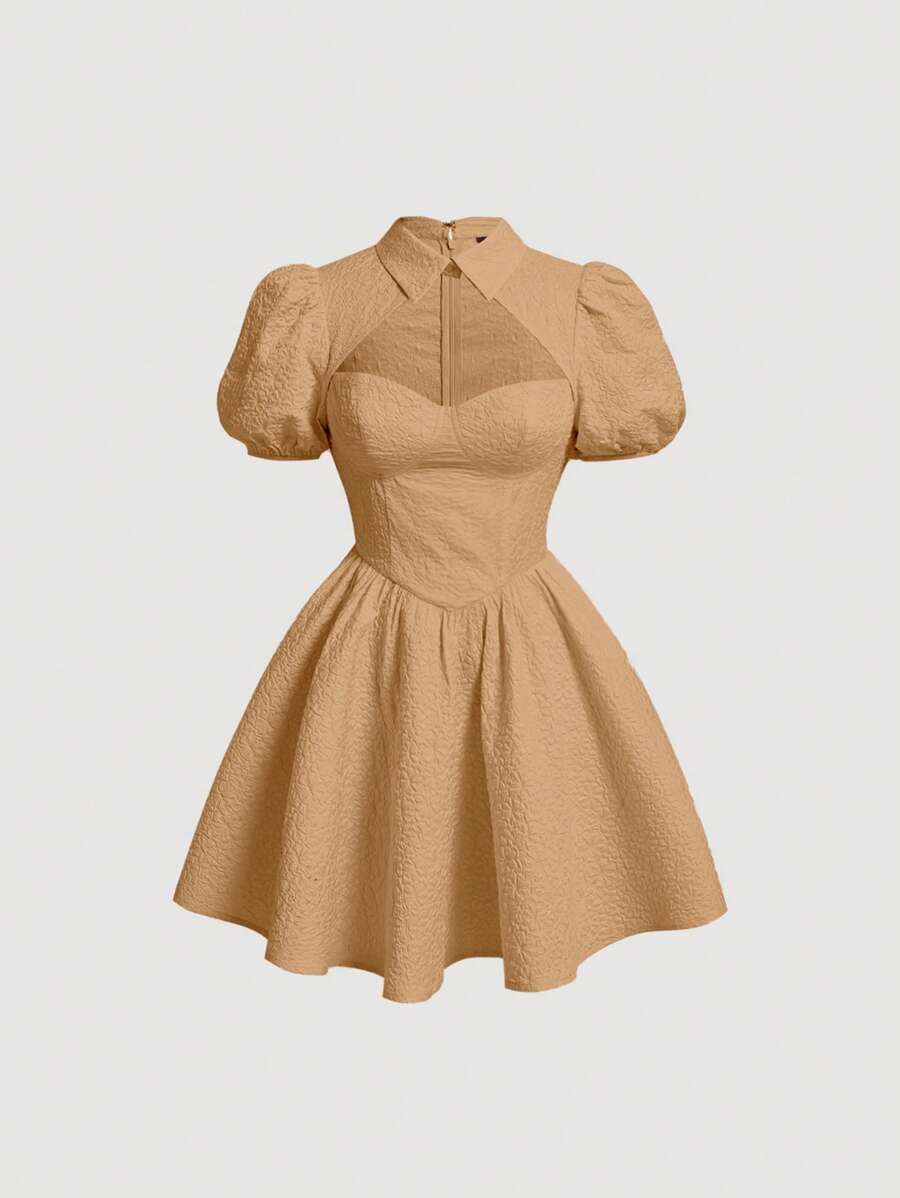 Barbie Solid Cut Out Front Puff Sleeve Dress