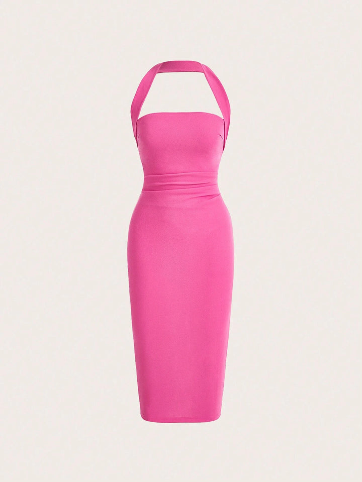 Barbie Bold Solid Halter Neck Backless Bodycon Dress