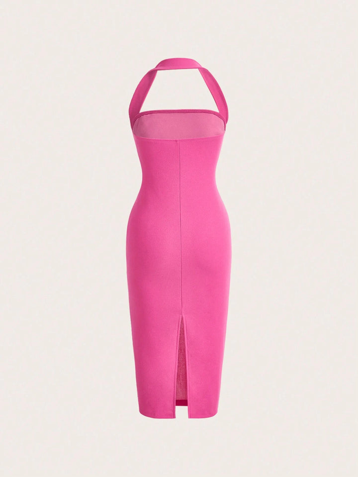 Barbie Bold Solid Halter Neck Backless Bodycon Dress