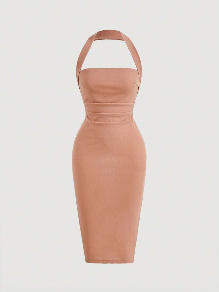 Barbie Bold Solid Halter Neck Backless Bodycon Dress