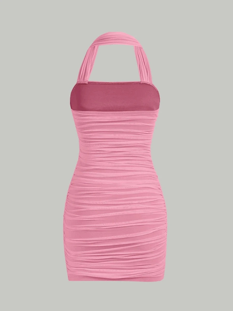 Barbie Solid Ruched Halter Dress