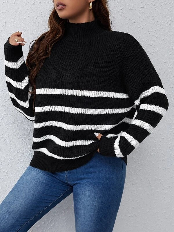 Striped Pattern Drop Shoulder Sweater