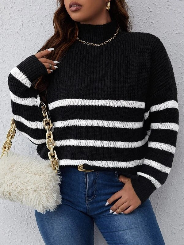 Striped Pattern Drop Shoulder Sweater