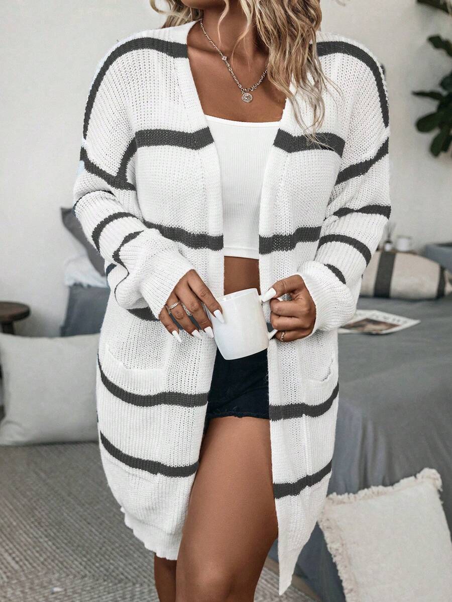 Striped Pattern Loose Open Front Cardigan