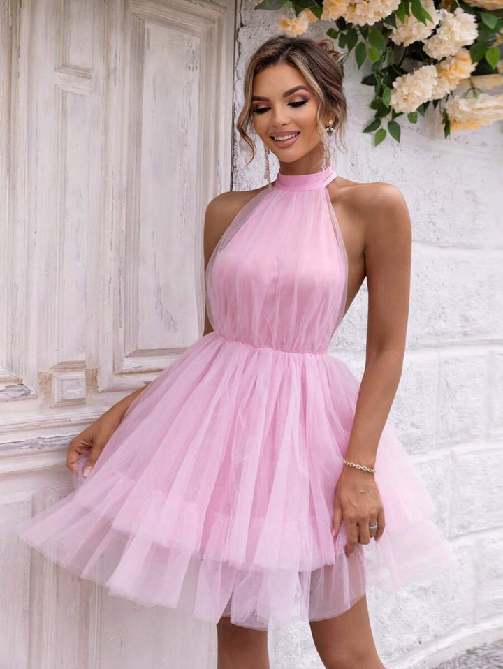 Barbie Tie Backless Mesh Overlay Halter Dress