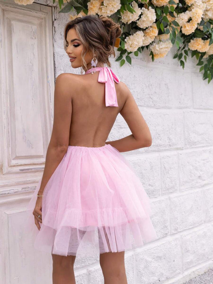 Barbie Tie Backless Mesh Overlay Halter Dress