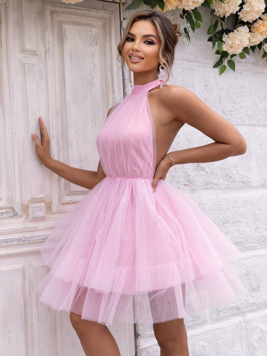 Barbie Tie Backless Mesh Overlay Halter Dress