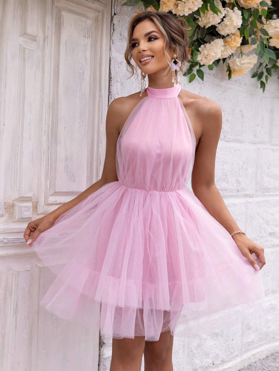 Barbie Tie Backless Mesh Overlay Halter Dress