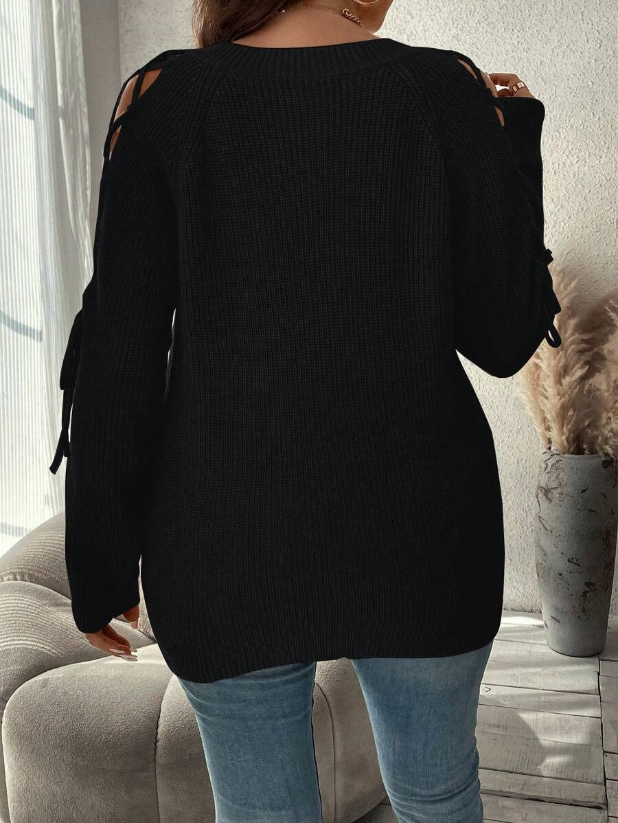 Tie Up Drop Shoulder Sleeve Pullover Sweater