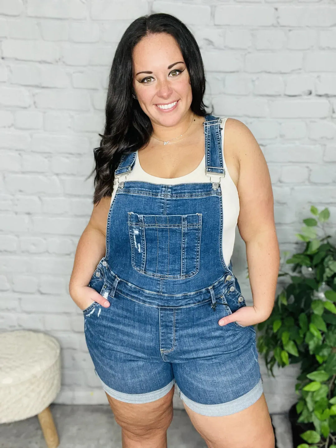 Stretchy Denim Overall High Rise Shorts