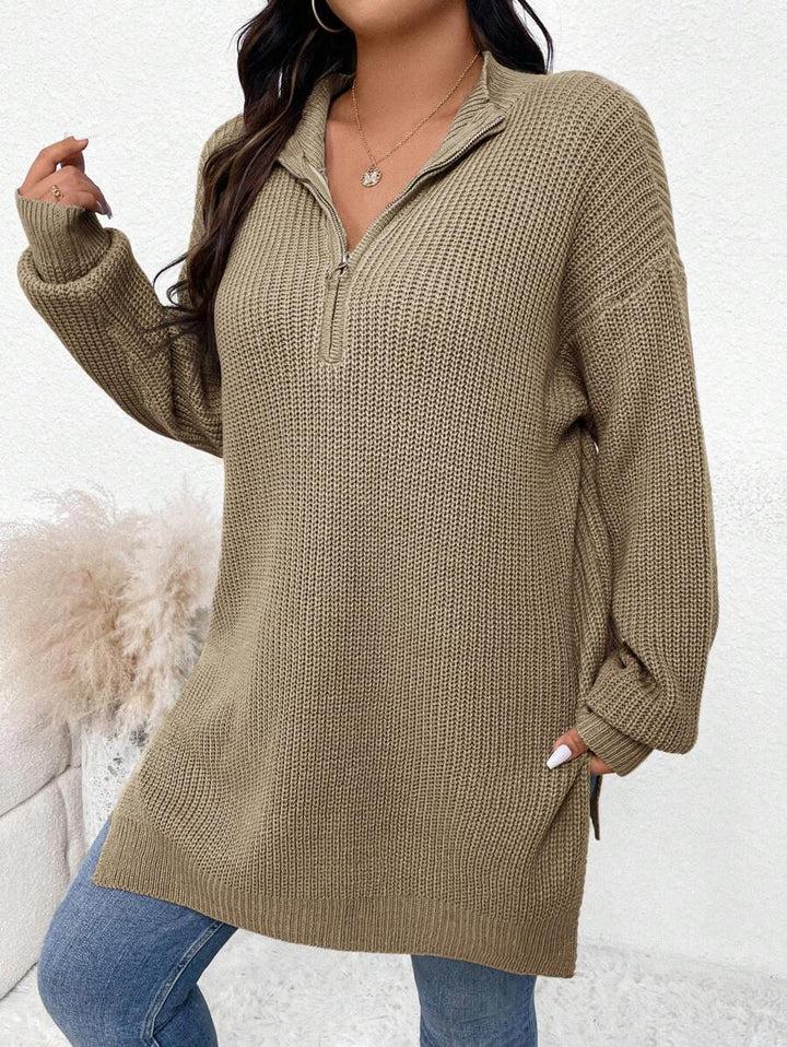 Zipper Front Split Hem Sweater