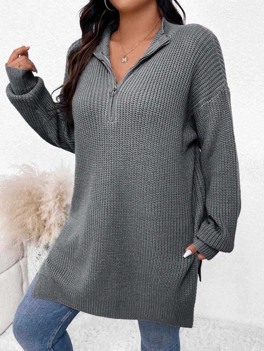 Zipper Front Split Hem Sweater