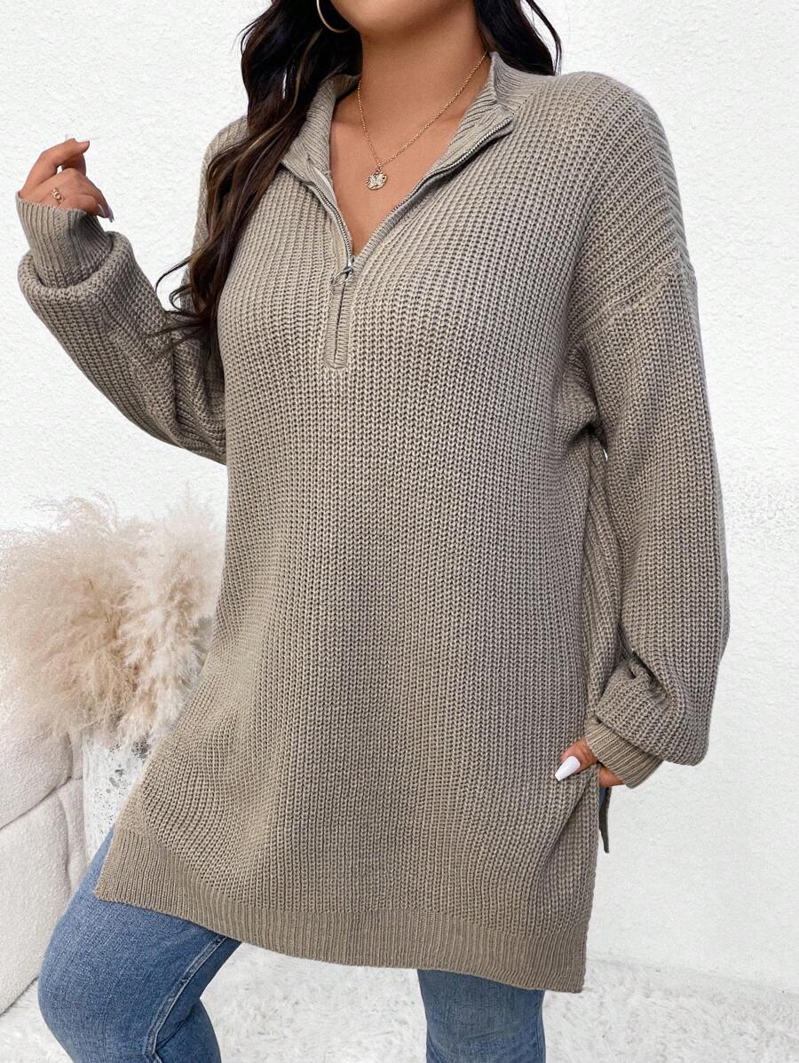 Zipper Front Split Hem Sweater