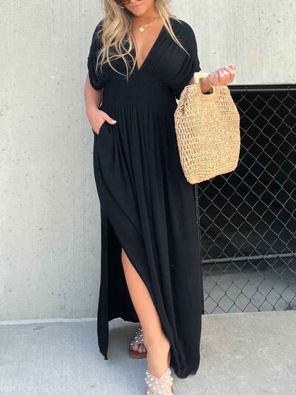 Slit V Neck Effortless Maxi Long Dress