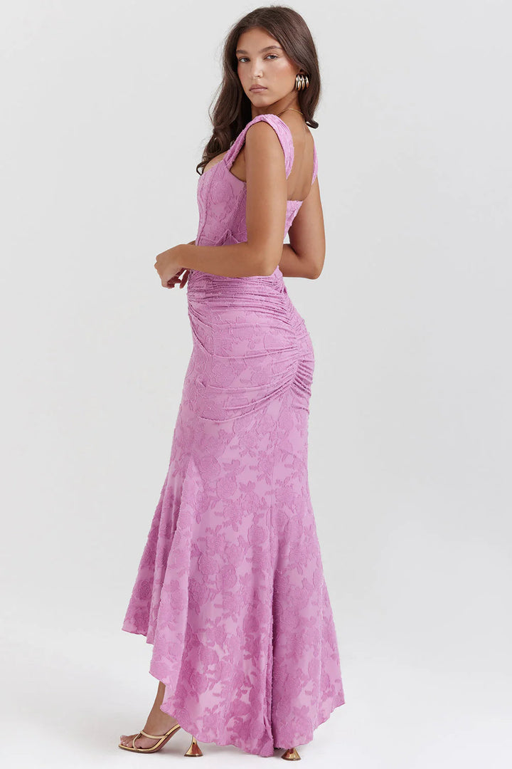 Floral Embroidered Lace Ruched Maxi Dress