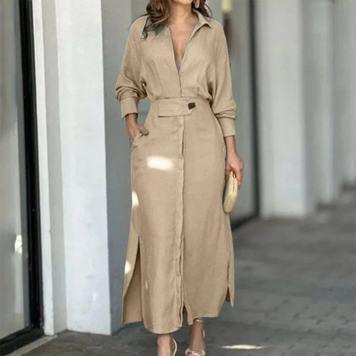 Women's Lapel Long Sleeve Solid Color Dress