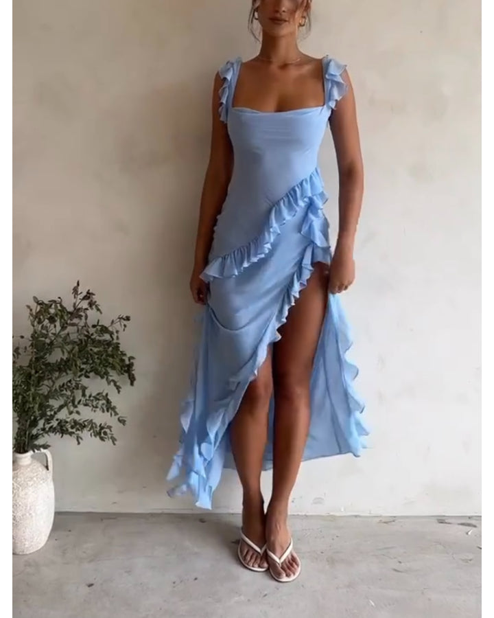 Slit Pleated Strapless Dress