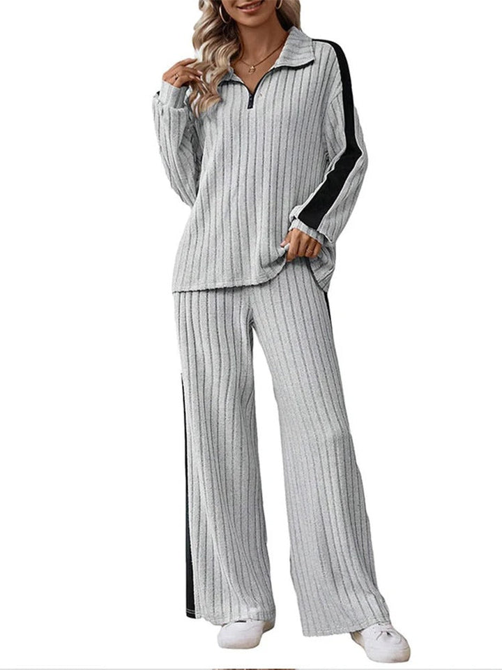 Knitted Loose Fit Striped Patterned Tops And Pants Set