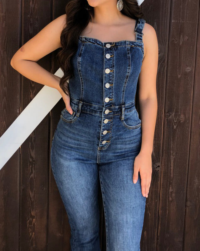 Denim Flare Jumpsuit With Button Front Detail