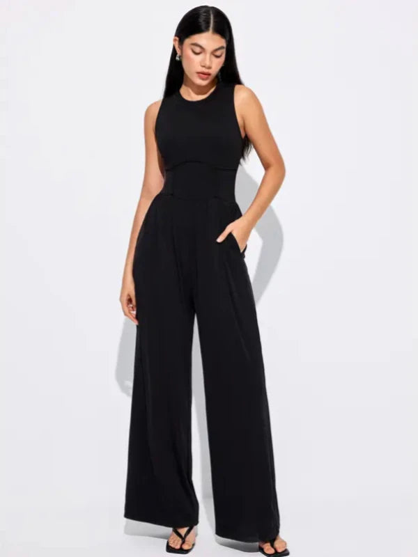 Woman Sleeveless Wide Length Jumpsuit