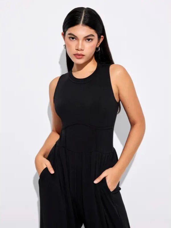 Woman Sleeveless Wide Length Jumpsuit