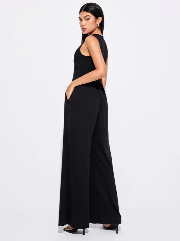 Woman Sleeveless Wide Length Jumpsuit