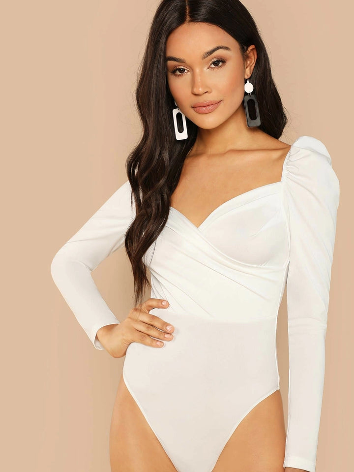 Puff Sleeve Surplice Neck Ruched Bodysuit