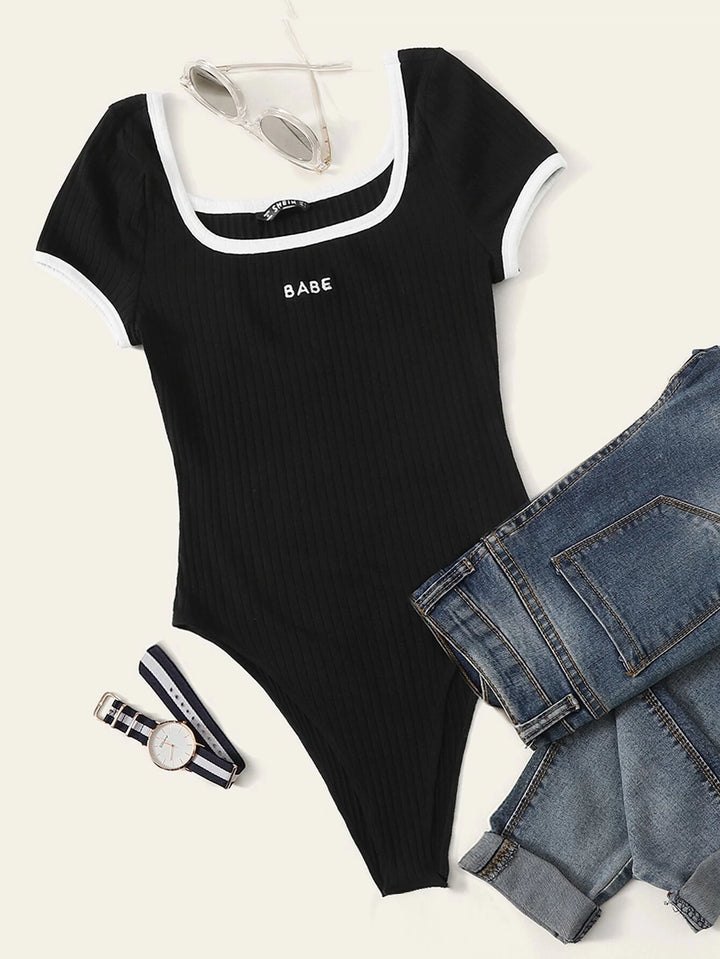 Letter Rib-Knit Ringer Bodysuit