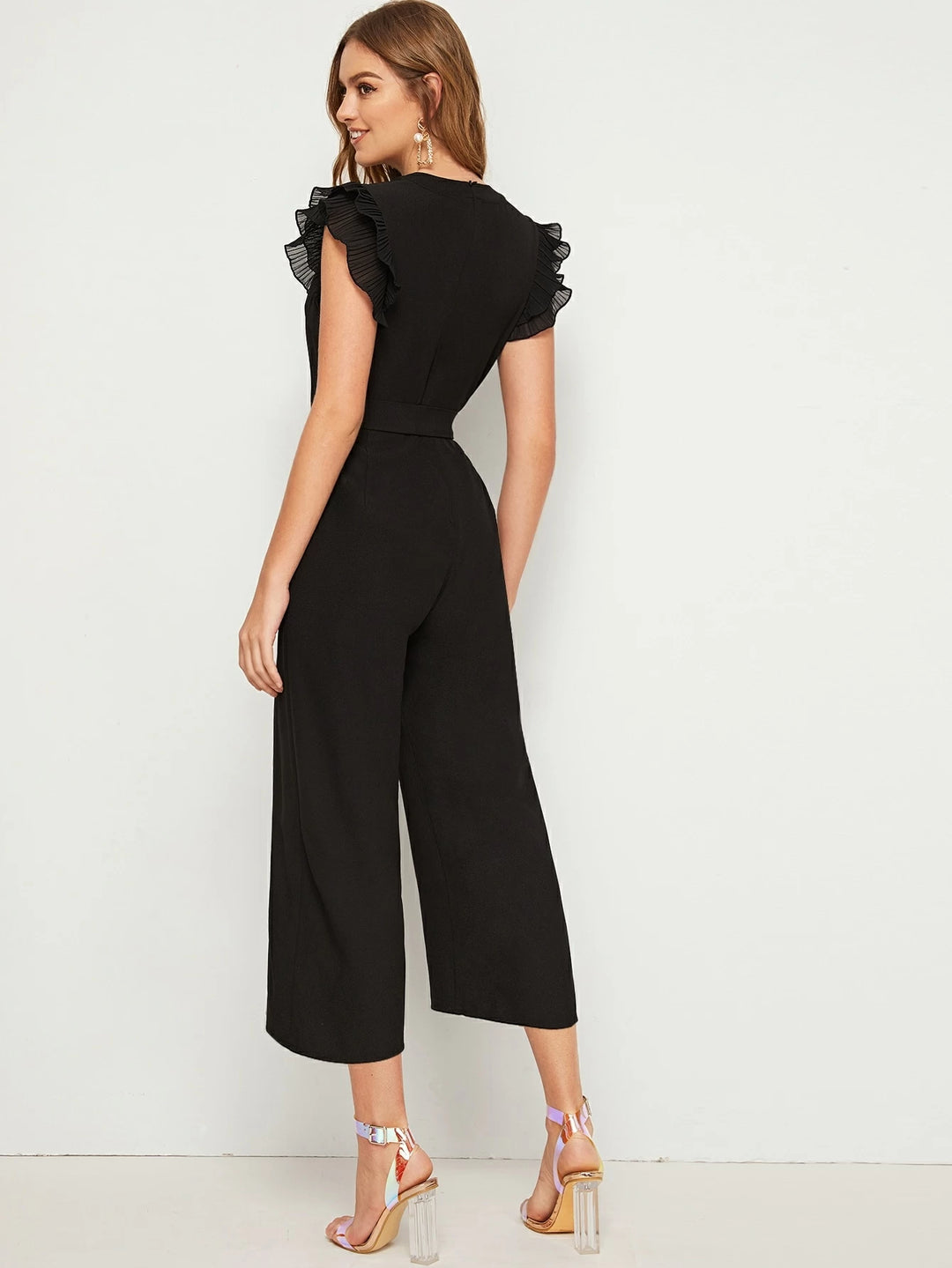Layered Pleated Sleeve Belted Jumpsuit