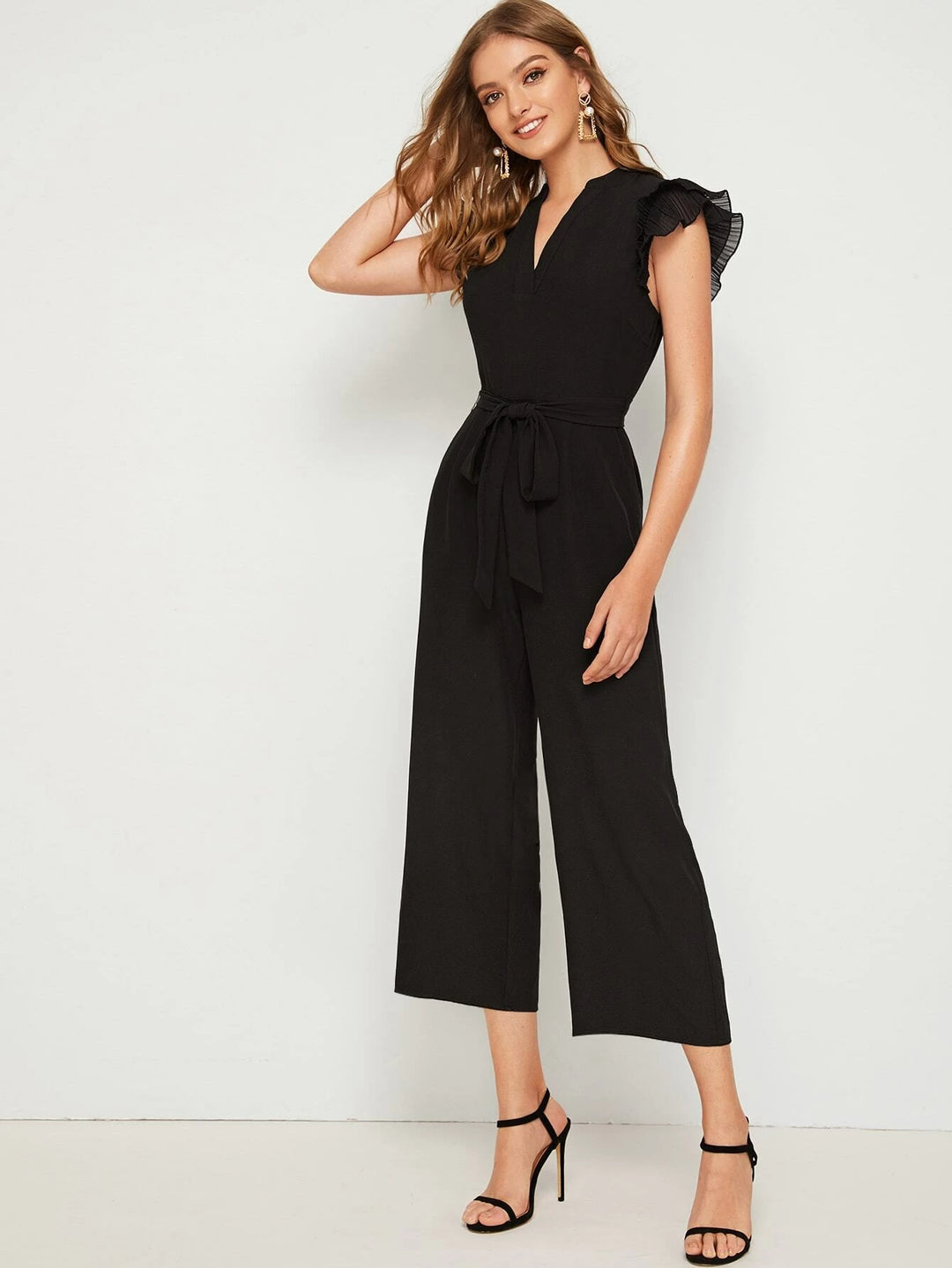 Layered Pleated Sleeve Belted Jumpsuit