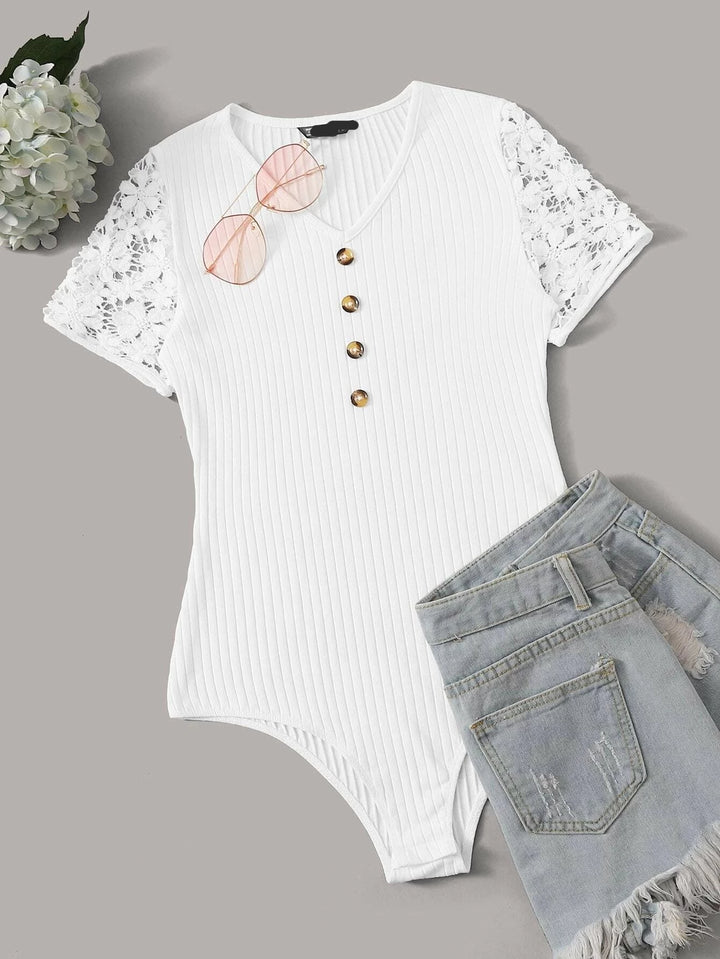 Button Front Lace Trim Short Sleeve Bodysuit