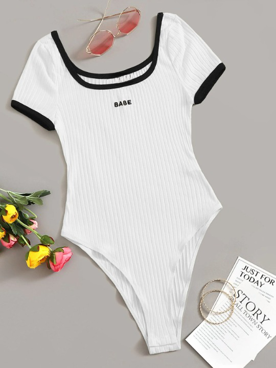 Letter Rib-Knit Ringer Bodysuit