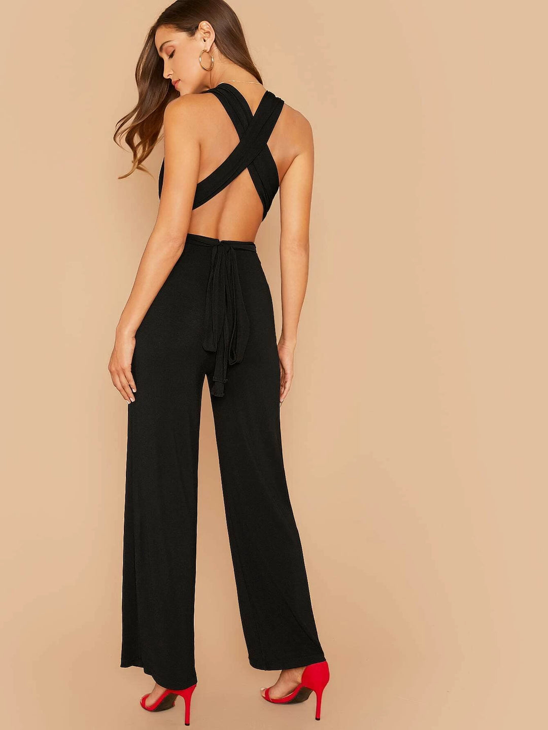 Neck Tie Backless Jumpsuit