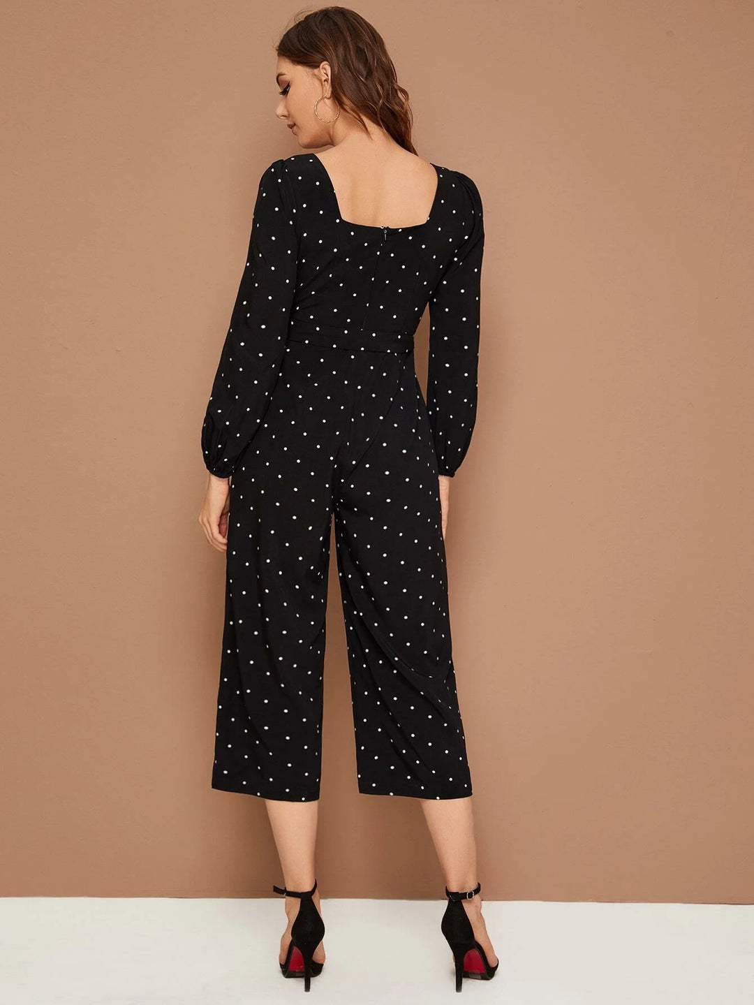 Square Neck Polka Dot Belted Culotte Jumpsuit